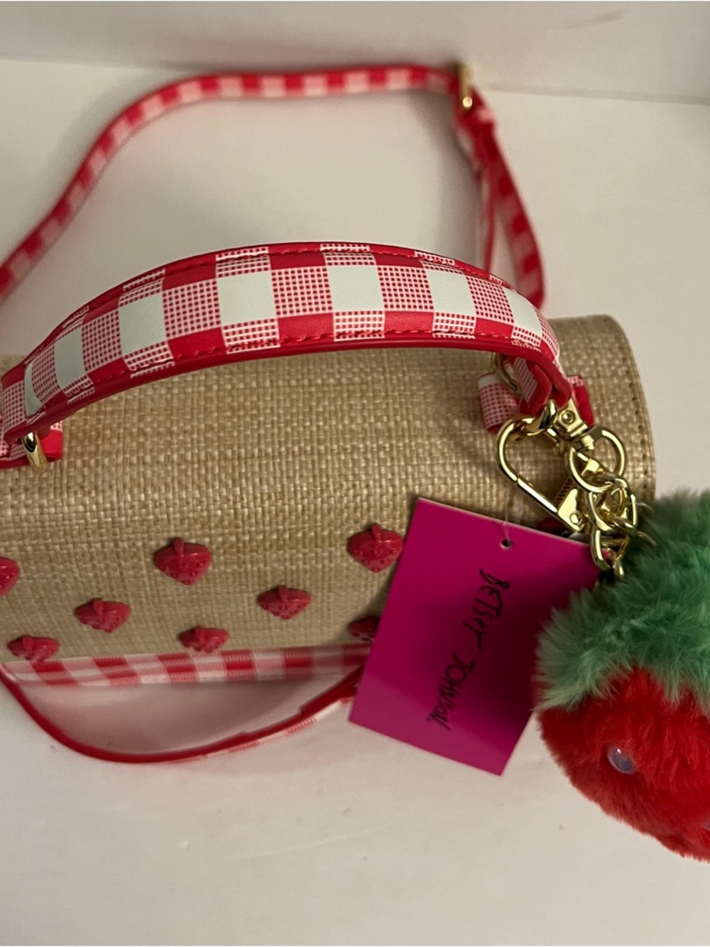 Betsey Johnson Red Gingham Strawberry Charm Crossbody Bag - Picture 10 of 16